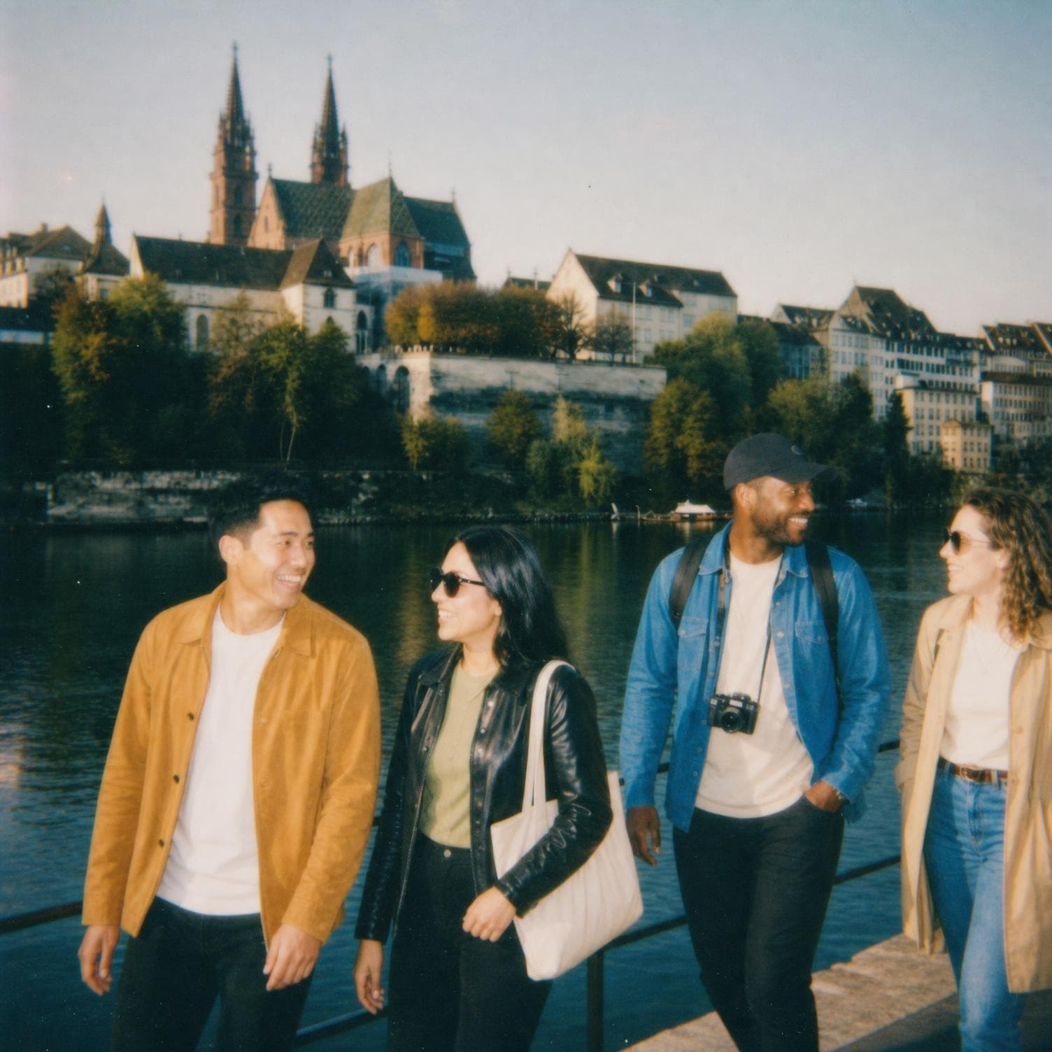 Four friends walking and talking together along the Rhine in Basel, the twin spires of the Basler Münster rising across the water