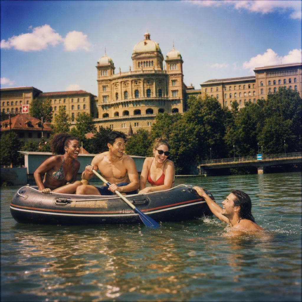 Friends floating down the Aare in a rubber dinghy on a summer afternoon, one of them swimming alongside, the domed Bundeshaus rising above the river.