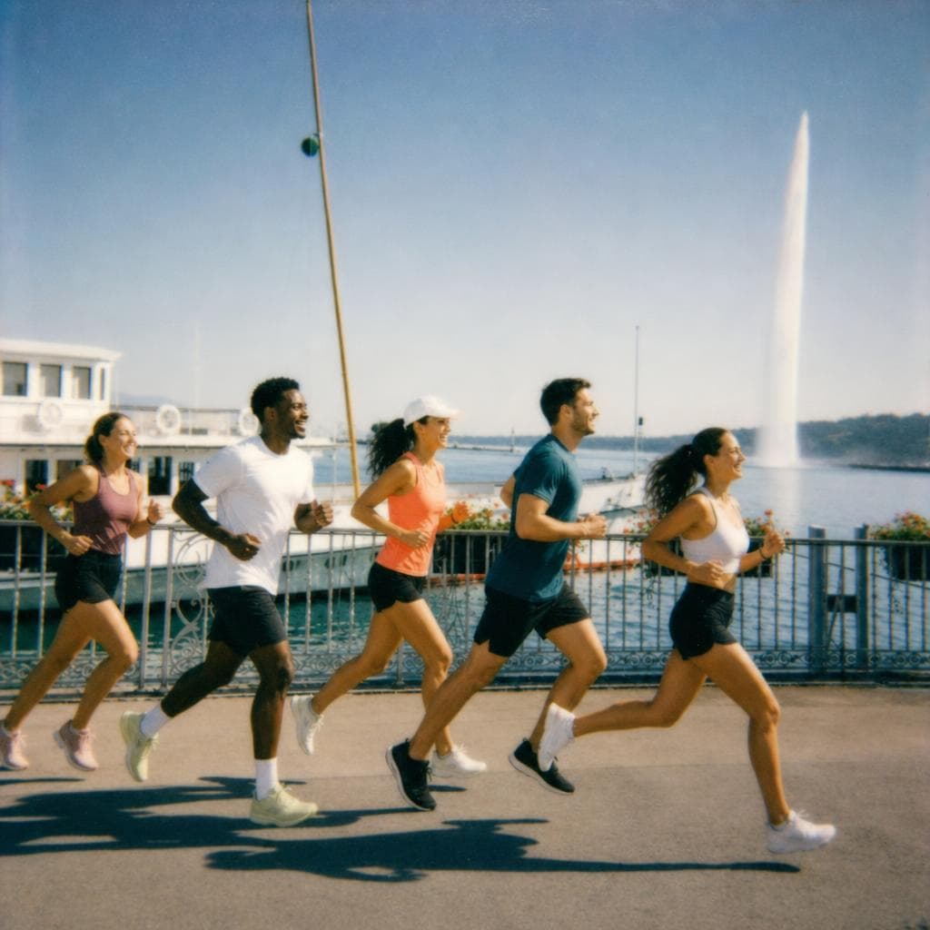 A running group along the Genève lakefront promenade on a bright day, the Jet d'Eau rising from the water behind them.