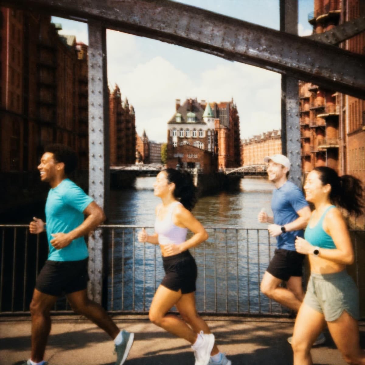 Eine Gruppe, die an einem späten Frühlingsmorgen eine Brücke in der Hamburger Speicherstadt überquert