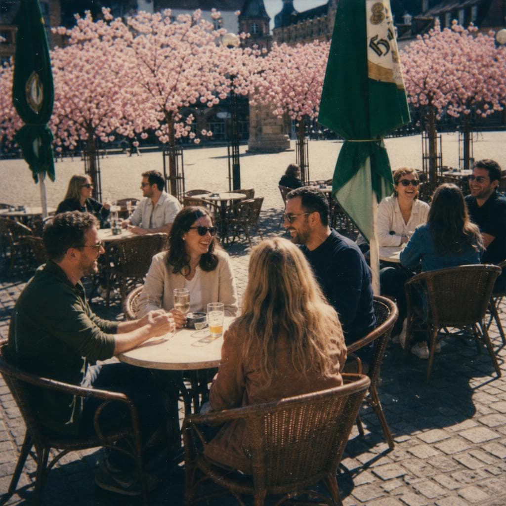 A group of friends laughing over glasses of wine at café tables on Landau's Rathausplatz, rows of Japanese cherry trees in full pink blossom behind them.