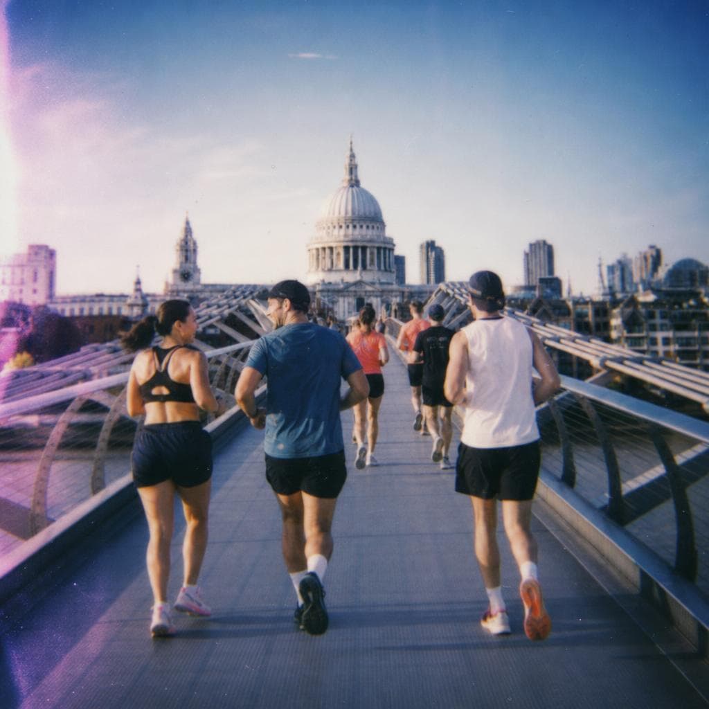 A running group crossing London's Millennium Bridge toward St Paul's, the Thames below on a bright morning.