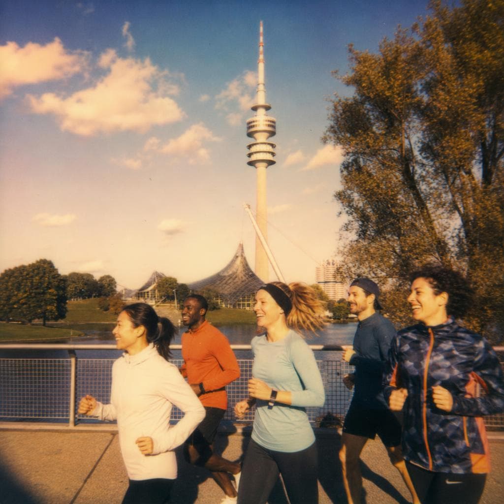 Eine Gruppe startet durch den Münchner Olympiapark
