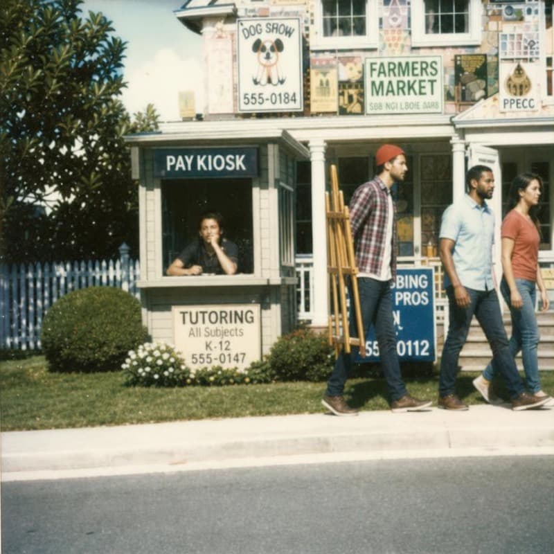 A community walking past a storefront plastered with ads