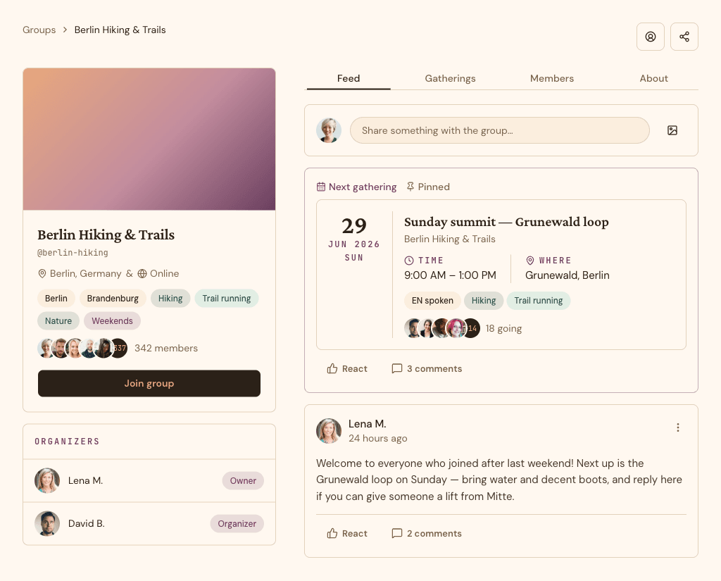 A gæther group page — an upcoming gathering pinned above the group's feed. Example group, sample content.